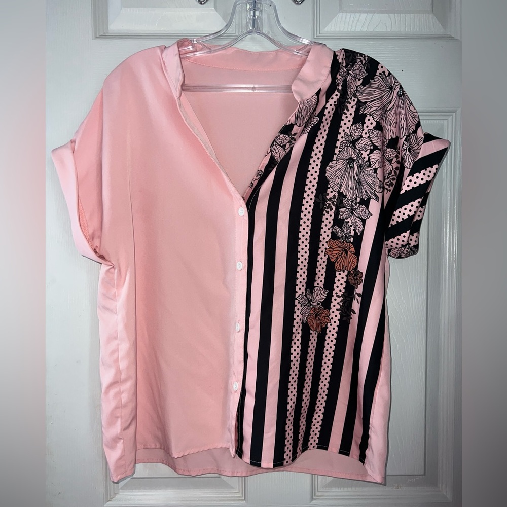 Striped and Floral Print Batwing Sleeve Button Front Blouse